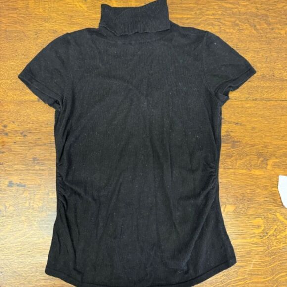 Black short sleeved ANN TAYLOR turtle neck with ruching at sides - Petite S - Picture 3 of 5
